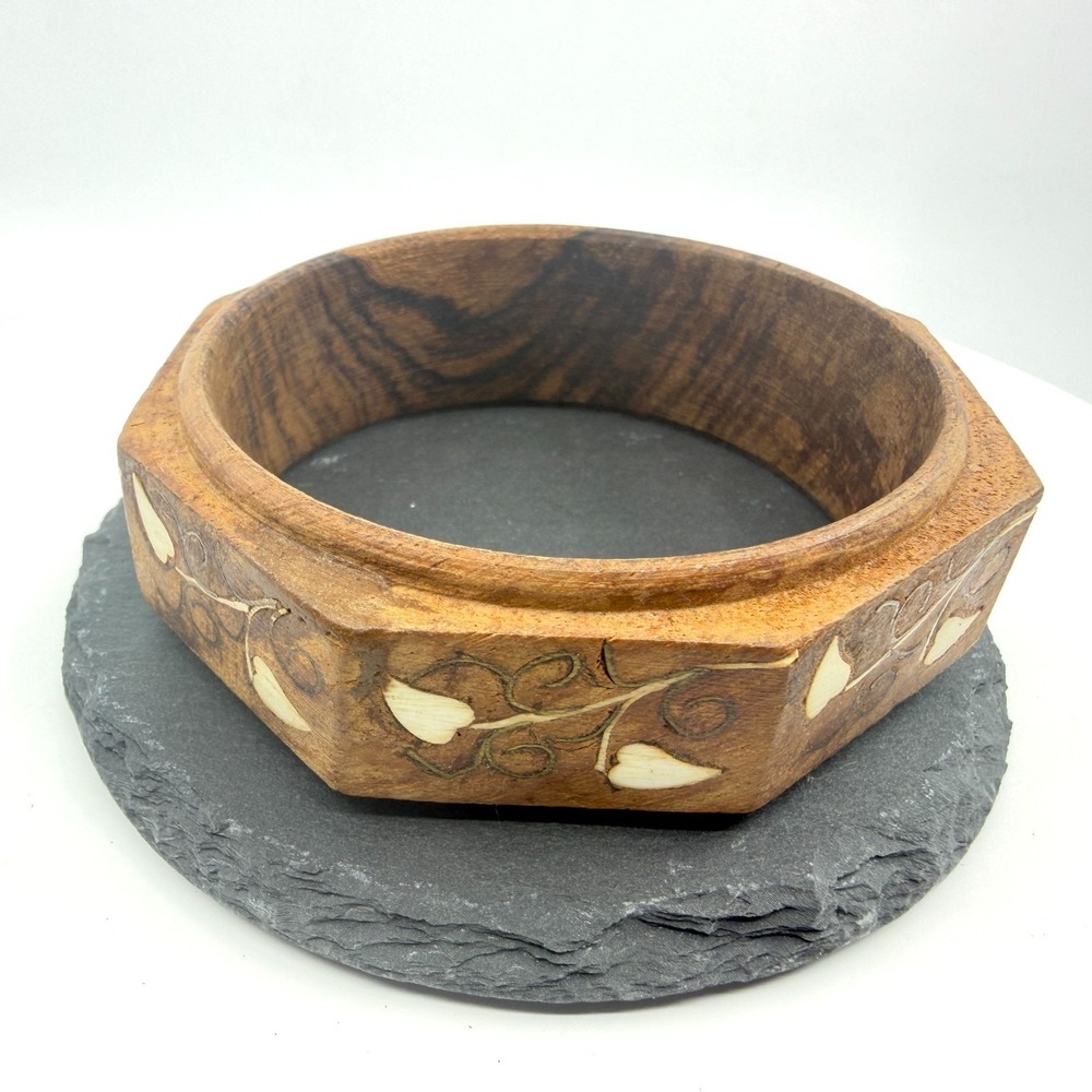 Vintage Carved Wood Bangle Bracelet Floral Inlay Boho Cottagecore Natural Style
